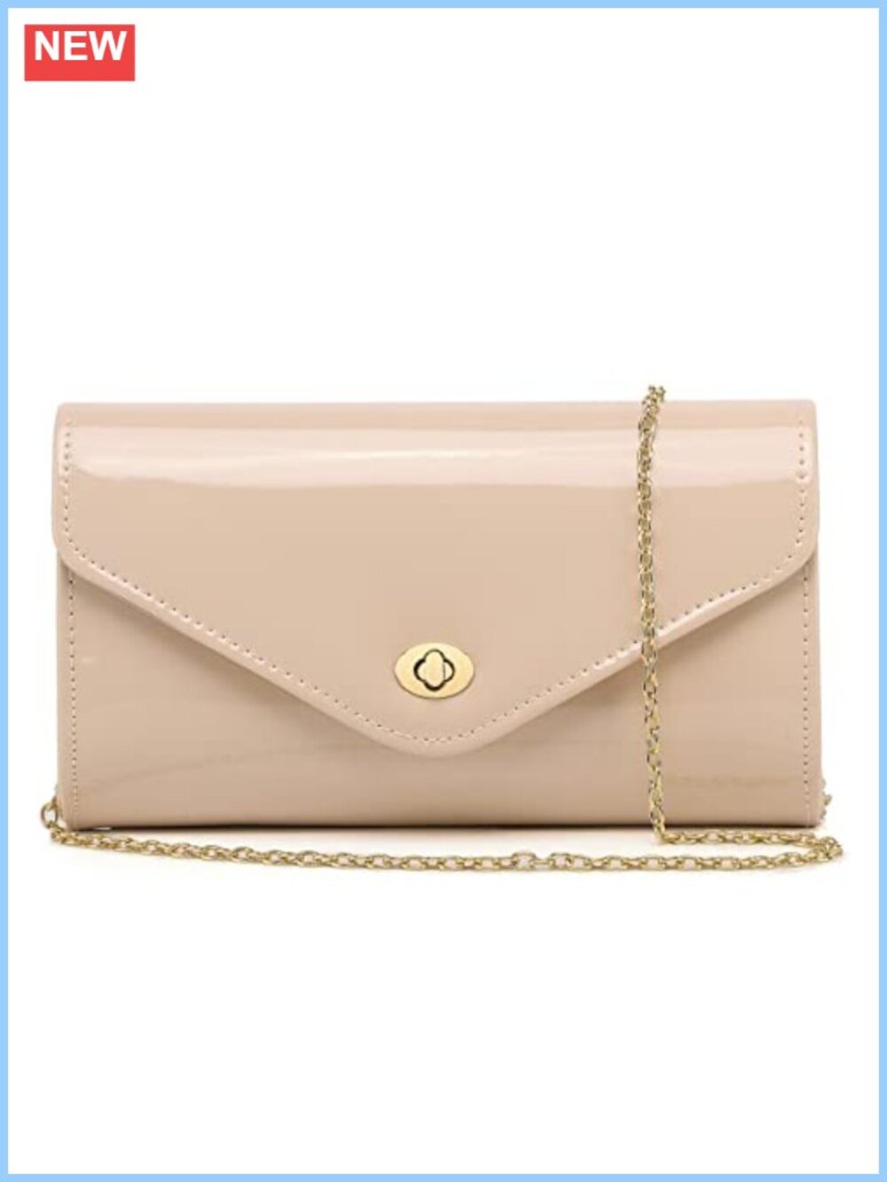 Patent Leather Envelope Clutch Evening Bag with Chain Strap